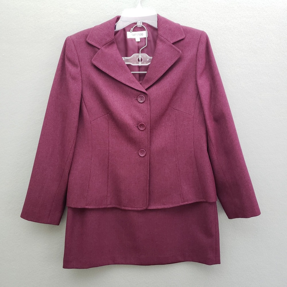 Suit Studio Women 12P Skirt Suit Burgundy Herringbone Blazer Set Petite